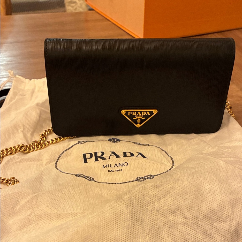 Prada Black Leather Wallet on Chain